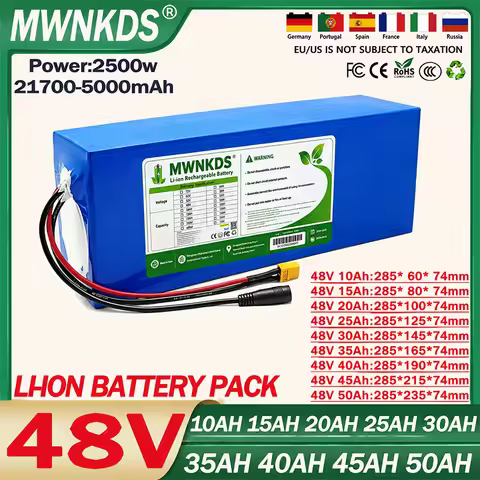 48V 50Ah 45Ah 40Ah 35Ah 30Ah 25Ah 20Ah 15Ah 21700 Lithium Battery Pack 2500W High Power & Capacity 5