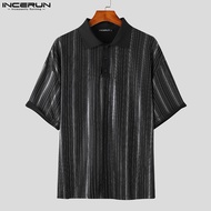 Medussa INCERUN เสื้อเบลาส์ผู้ชายลายทางมีกระดุมปกเสื้อลายพิมพ์ (สไตล์เกาหลี)
