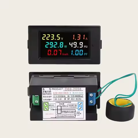 D69-2058 Single-Phase Voltmeter Current Ammeter Power Factor Electric Energy Frequency Meter Digital