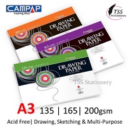 Campap Premium Drawing Paper Size A3 | 135/165/200gsm/20 Sheets | School Painting Paper