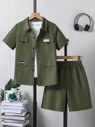 SHEIN 童軍綠色四袋短袖襯衫套裝（適合小盆友）