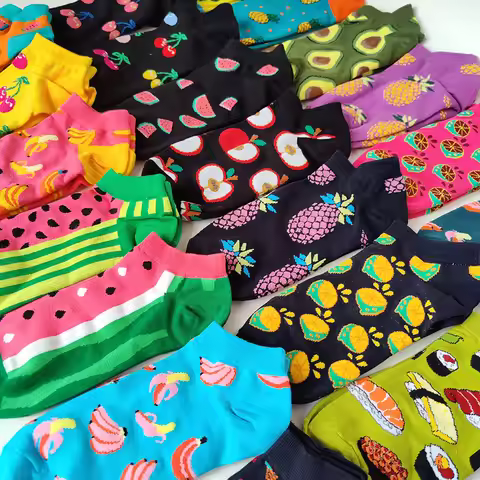 12 Pairs/Pack Cotton Ankle Socks Funny Lovers Fruit Graffiti Plaid Stripe Fashion Summer Avocado Ban
