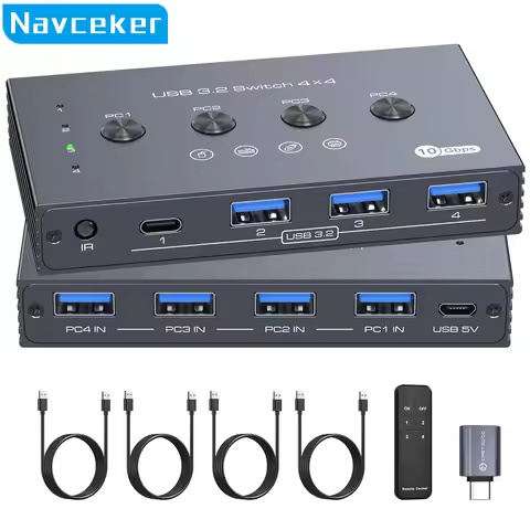 Navceker 10Gbps 4 in 4 out USB Switch Selector 4x4 KVM Switcher 3.2 Hub 2 PC 4 Hosts Share 4 USB Dev