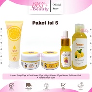 DBS - Paket 5in1 Saffron Glowing Perawatan Wajah Day & Night Cream Lemon Soap Toner Pelicin Serum Sa