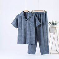 Japanese Muji Style Summer Pure Cotton Double-Layer Gauze Pajamas Men Spring Autumn Thin Short-Sleev