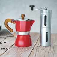 สีแดงด้ามไม้ ชุดกาต้มกาแฟ 3 คัพ +เครื่อบดเมล็ดกาแฟ พกพา (หม้อต้มกาแฟสด + เครื่องบด)