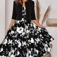 casual outfit set for woman outfit woman Floral Print Two-Piece Set - Dress & Jacket | Ladies Autumn