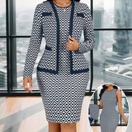 2pcs Women Elegant Commuter Geometric Print Jacket And Dress Set 2 Piece Dress Set Blazer Skirt Set 
