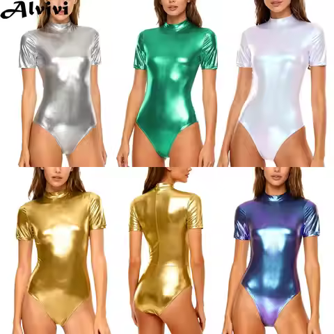 Women Ballet Dance Gymnastics Leotard Metallic Shiny Bodysuit for Rave Party Nightclub Pole Dancing 