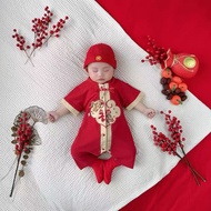 Baby Boy 3-Piece Lunar New Year Outfit Set - Red Cheongsam Bodysuit + Cap + "Fu" Socks with Auspicio