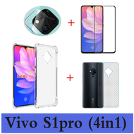 (4in1) สำหรับ Vivo S1 V17 V15 Pro V19 Y11 Y12 Y15 Y17 Y19 y91c สี่มุมวางทนกรณีโทรศัพท์มือถือใส + คาร์บอนไฟเบอร์ฟิล์มหลัง + ฟิล์มเลนส์กล้อง + ฟิล์มกระจกนิรภัยแบบเต็มหน้าจอ