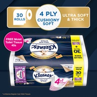 Kleenex Ultra Soft & Thick Toilet Paper 4-Ply (30 Rolls) + Free Moist Toilet Tissue Flushable Wipes 