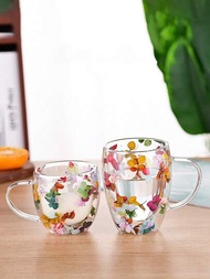 雙層玻璃杯,適合咖啡、牛奶、早餐茶、水,搭配彩色花朵圖案