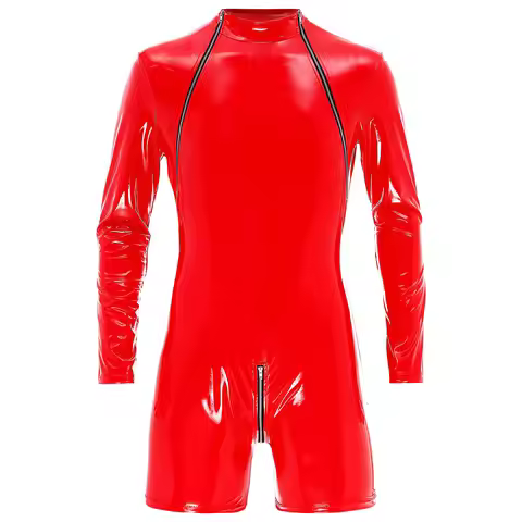 Mens Lingerie Zipper Crotch Long Sleeve Jumpsuit Wet Look Patent Leather Bodysuit Clubwear Pole Danc