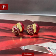 Everhoney 916 Gold Half Ball Earring Red Zircon Inlaid Luxury Stud Earring