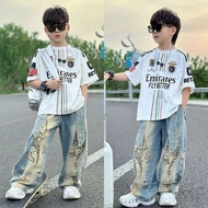 Boy Trendy Cool Suit 2025 Medium Big Boy Boy Baby Boy Handsome Printed Loose T-Shirt Embroidered Jea