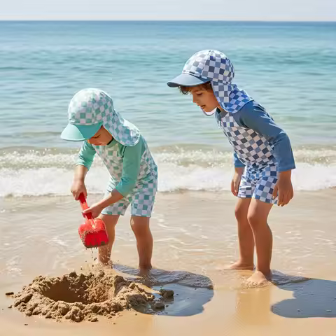 1-4T Toddler Boy Swimsuit Set Checkered Long Sleeve Rash Guard Swim Tops Swim Shorts and Sun Hat 3 P