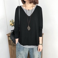 100% cotton long-sleeved T-shirt female autumn Mix Fabric fak100%纯棉长袖T恤女秋拼接假两件套宽松百搭上衣打底衫jif666.sg 04