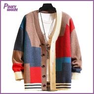 Yoewre V-neck Buttoned Cardigan Sweater Men Knitted Sweater Mens Colorblock Knitted Sweater Coat for