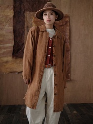 焦糖/煙藍色 植物染漢麻 百搭休閒長風衣外套