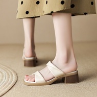 Leather Mules Shoes High heel slippers For Women Vintage Mary Janes Ladies Shoes Korea Mules Women F