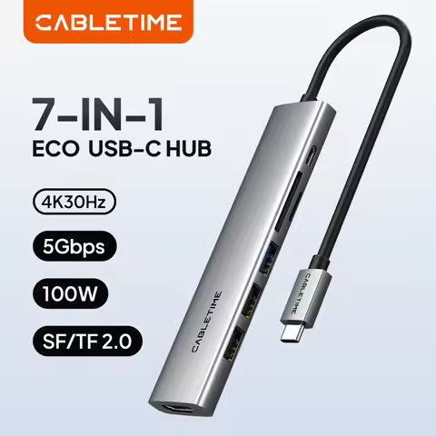 CABLETIME 7 IN 1 USB C Hub Type C Hub Adapter 4K HDMI SD/TF Ultra Slim Aluminum Multiport for Macboo