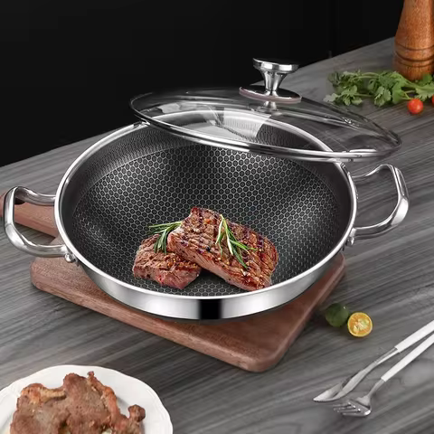 32cm 304 Stainless Steel Frying Pan Food Grade Non Stick Pan Honeycomb Pot Bottom Induction Cooker G