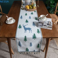 NESSA Christmas Tree Elk Table Runner, Embroidery Pattern with Tassel Ball Table Linen, Modern Stain