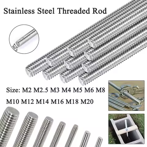 250/300mm 304 Stainlesss Steel Full Threaded Rod Bolt M2 M2.5 M3 M4 M5 M6 M8-M20 Headless Bolt Threa