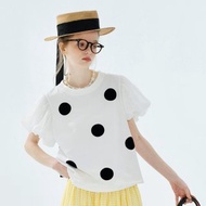 白色拼接燈籠袖黑點點上衣