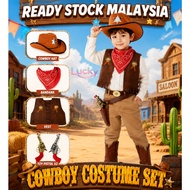 【Ready Stock】Cowboy Costume Adult Kids Set Western Cowgirl Hat Vest Bandana Rodeo Party Cosplay Appa