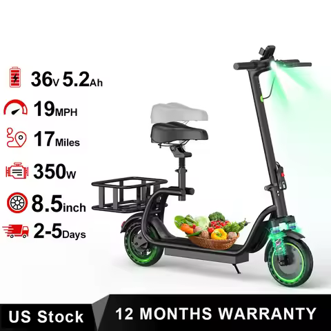 8.5inch Electric Scooter with Seat & Basket,17miles Max Range,19MPH Max Speed,Foldable Adult E-scoot