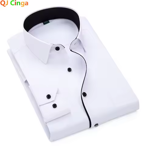 2026 New Men's Black-White Patchwork Long Sleeve Shirt, Business Office Shirts, Sky Blue Slim Fit Ca