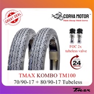 Corva Motor Tayar Tmax100 Kombo Tubeless Motosikal Tmax100 70/90-17 + 80/90-17 Tayar Tubeless Bunga 