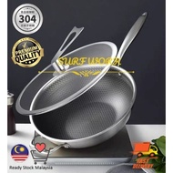 Honeycomb Stainless Steel Frying Pan Wok With Glass Lid (34 CM)