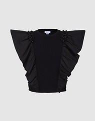 URBAN REVIVO Summer vest for Women 2023 Fashion Black Sleeveless Ruffle Elegant knitted Crop Top