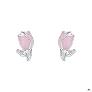 < Porabella > s999 Sterling Silver Zircon Earrings Tulip Pure Bone Pink Flower Mini Fresh Earring