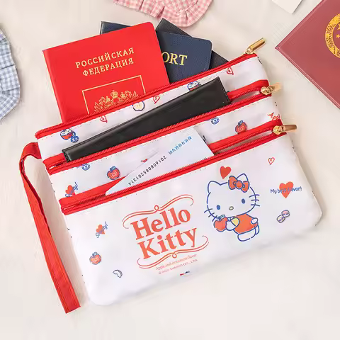 Hello Kitty document storage supplies, cartoon three-zip passport, ticket, stationery and pencil cas