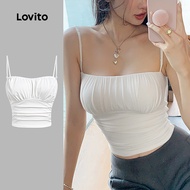 Lovito Casual Top Pleated Spring/summer White Top for Women L154LD048 Lovito Atasan Kasual Berlipat 