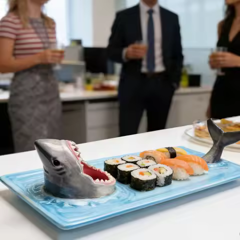 Handmade Ceramic Shark Sushi Plates W/ Dipping Sauce Bowl Shark Charcuterie Board Funny Nacho Taco S