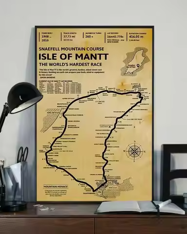 Vintage Isle Of Man TT Snaefell Mountain Course Tin Sign, Retro Motorcycle Race Track Map Metal Wall