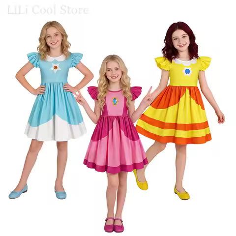 Kids Halloween Pink Disguise Princess Dress Outfits Girls Rosalina Peach Daisy Cosplay Clothing Birt
