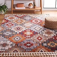 Safavieh Farmhouse Collection FMH805F Premium Polyester (4' x 5'4") Area Rug, 4 x 5' 4", Grey/Red