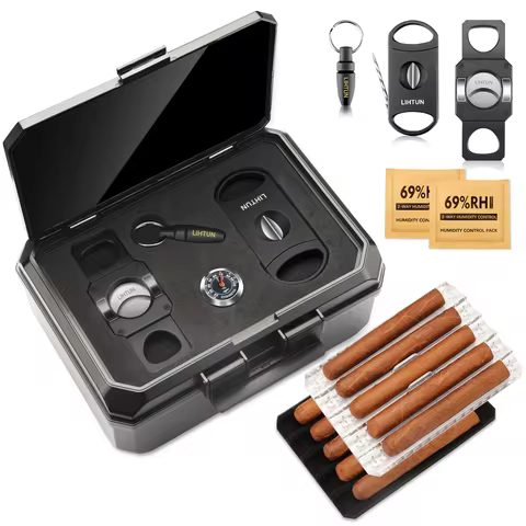 Portable Travel Humidor Box with 2 Cigar Cutters 1 Cigar Punch Hygrometer - Complete Cigar Accessori