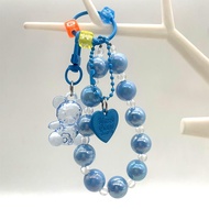 Tali ponsel gaya INS Korea rantai manik kristal warna-warni + liontin anyaman bunga kucing lucu tali