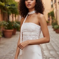 Lovito Blaus Tanpa Lengan Wanita Sulaman Renda Polos L122AD119