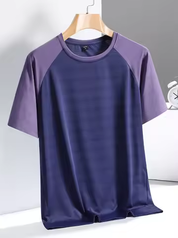 2025 Summer T-Shirt Men 8xl 7xl 6xl Purple Patchwork Plus Size Breathable Spandex Polyester Short Sl