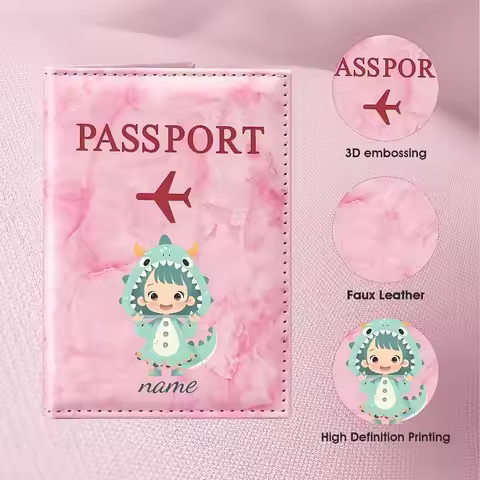 Custom Name Cute Dragon-Shaped Cartoon PU Passport Holder, Featuring an Adorable Green Dragon Design