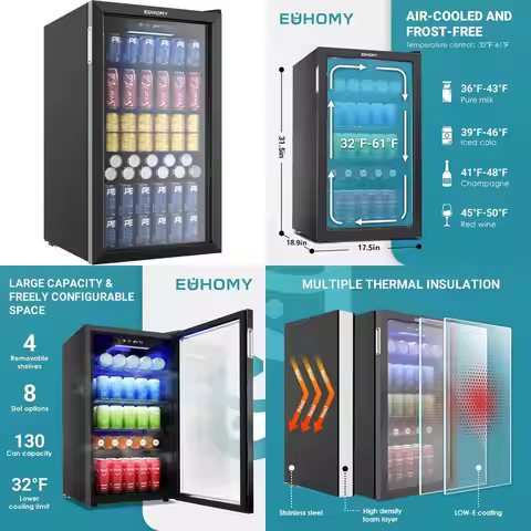 EUHOMY 130-Can Beverage Cooler with Glass Door for Home and Office Use
