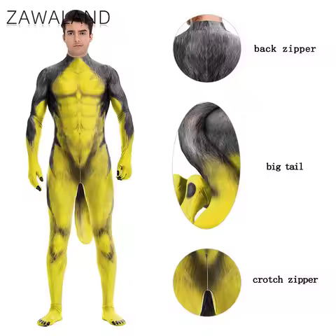 Zawaland 3D Wolf Texture Yellow Gray Print Animal Cosplay Costume Bodysuit with Tail Crotch Zipper J